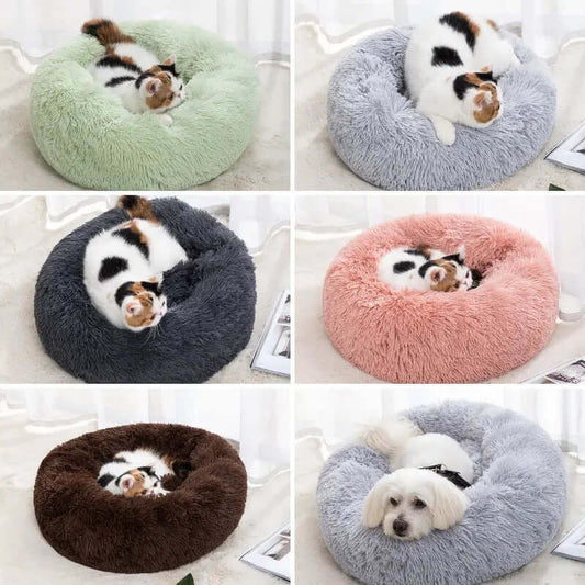 Winter warm pet bed for cats in various colors and sizes.