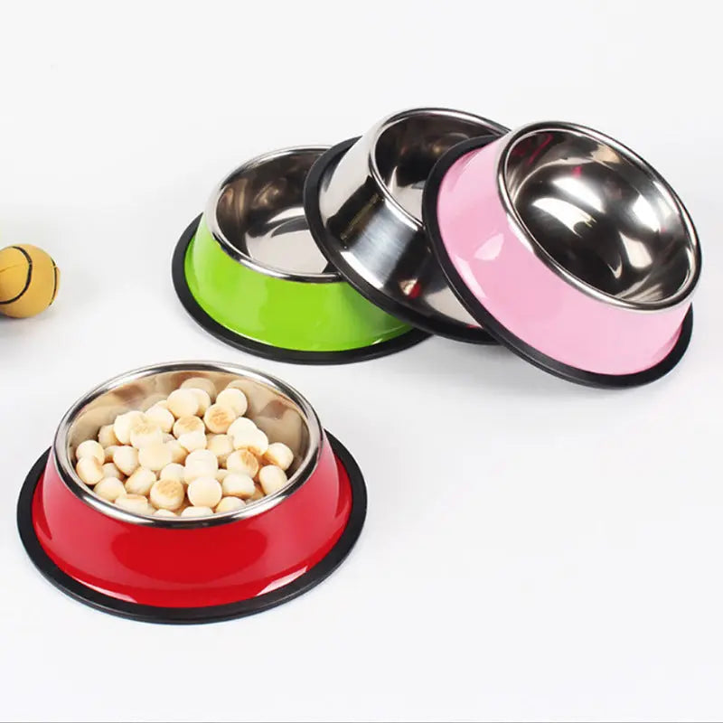 Colorful pet feeding basins with stainless steel bowls and non-slip rubber.