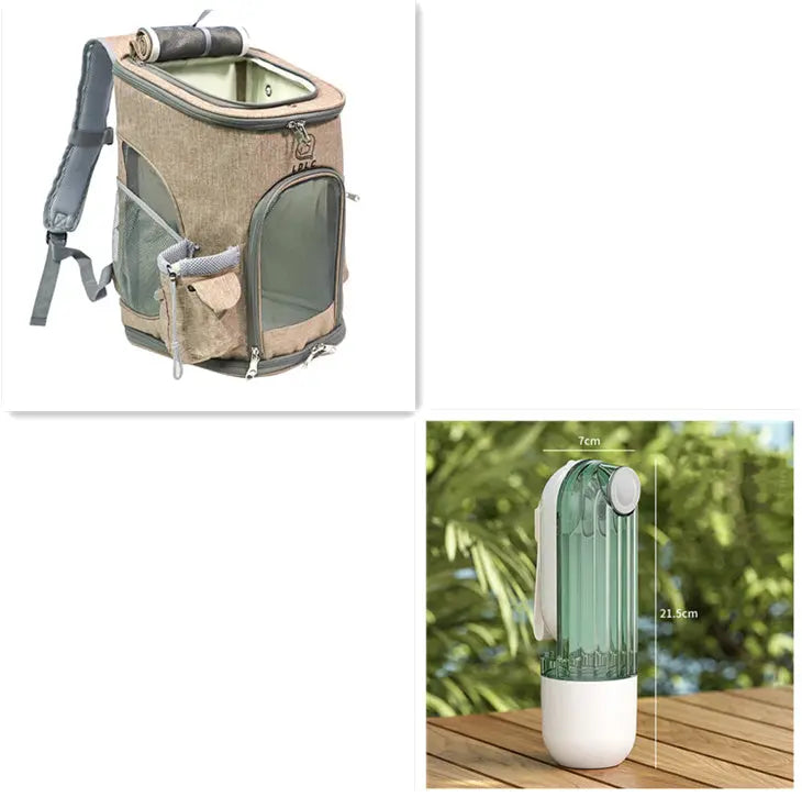 2 In 1 Pet Water Cup in green, portable design with lanyard, outdoor storage, one-button water outlet.