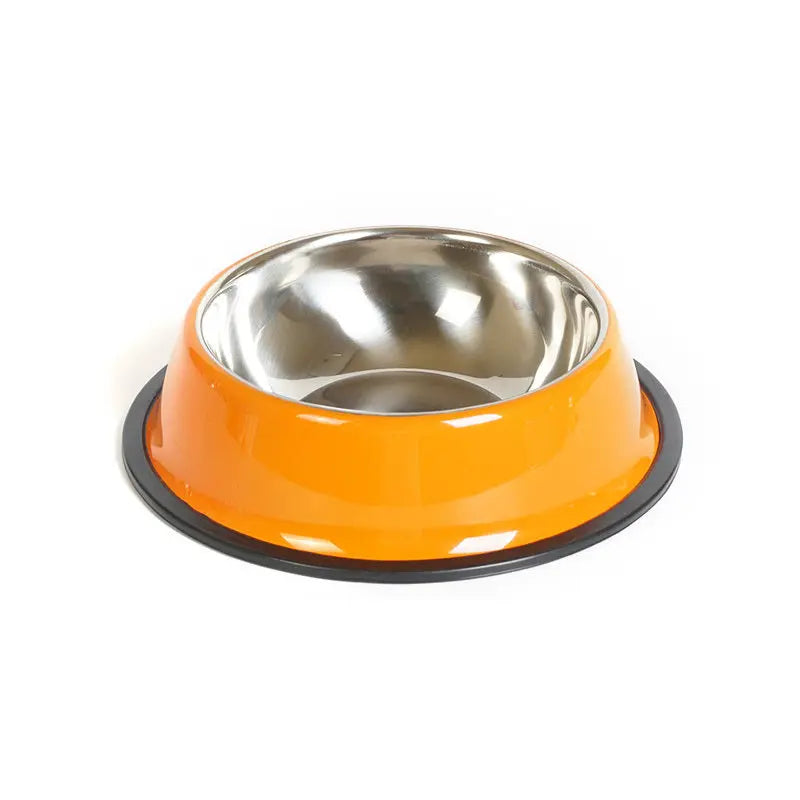 Orange stainless steel pet feeding basin with non-slip base.