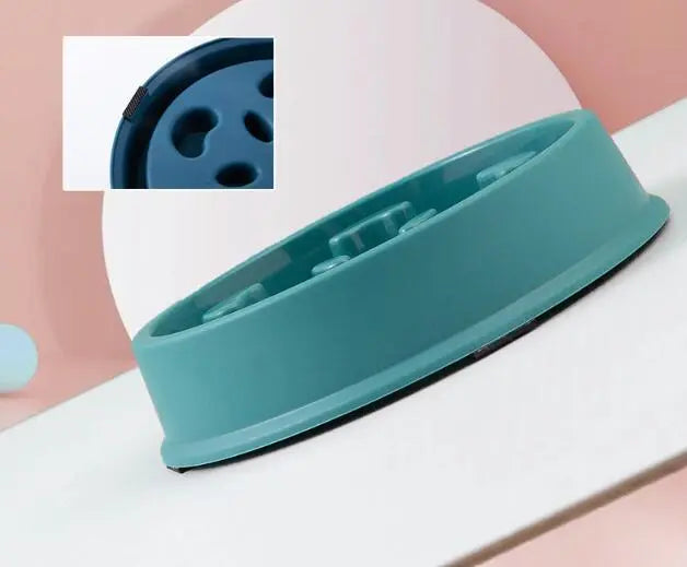 Petal-shaped plastic pet slow feeding bowl in blue color.