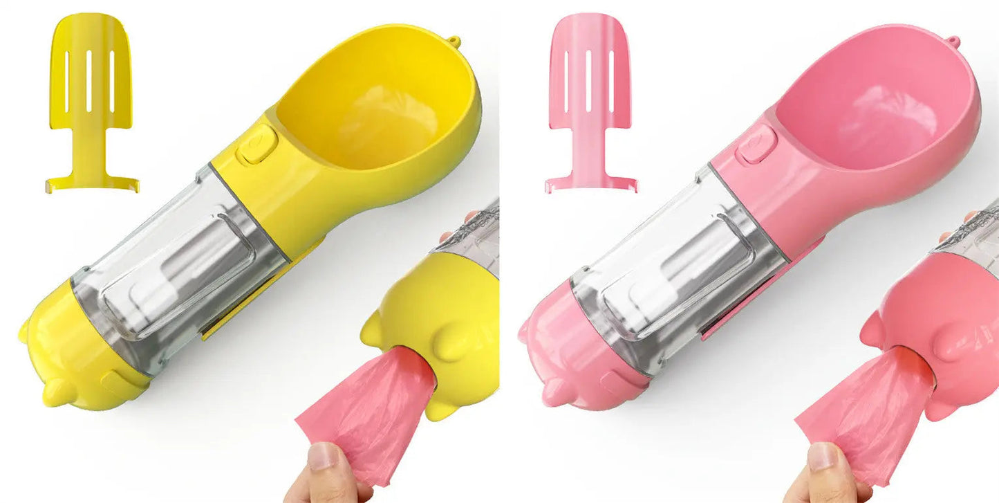 Portable pet water bottle and feeder with integrated garbage bag storage in yellow and pink.