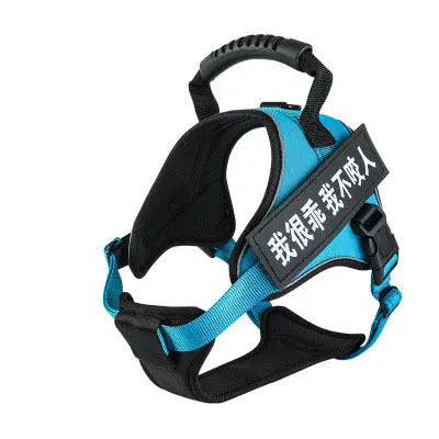 Blue and black pet harness with handle suitable for various dog sizes.