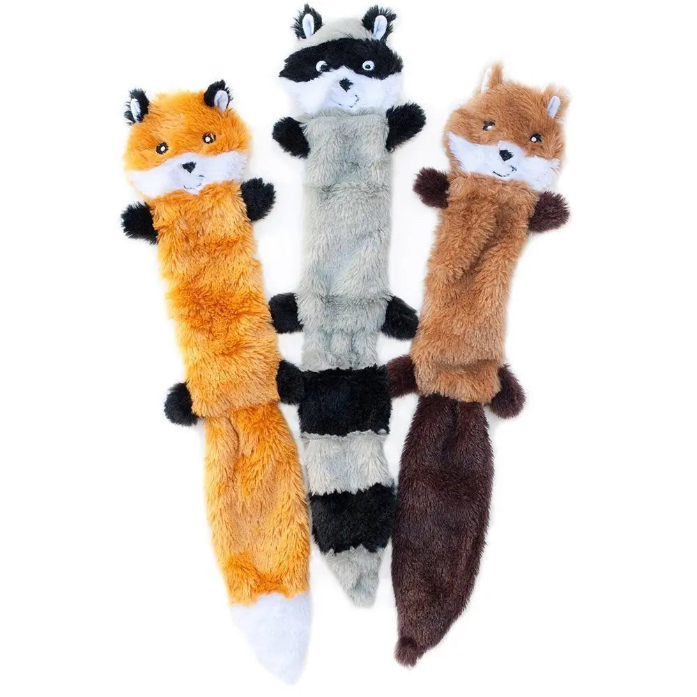 Plush pet dog toy with squeaker, fox and raccoon design, 46x11.5cm.