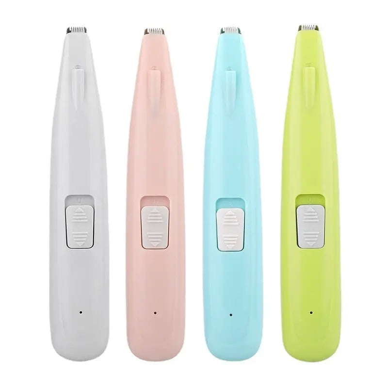 Electric pet hair clippers in white, pink, blue, and green for dogs and cats.