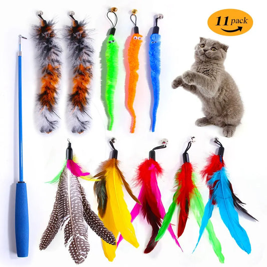 11-piece feather cat toy set with retractable stick and colorful feathers.