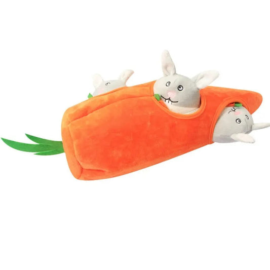 Pet voice toy carrot house with rabbit plushies, soft cotton filling.