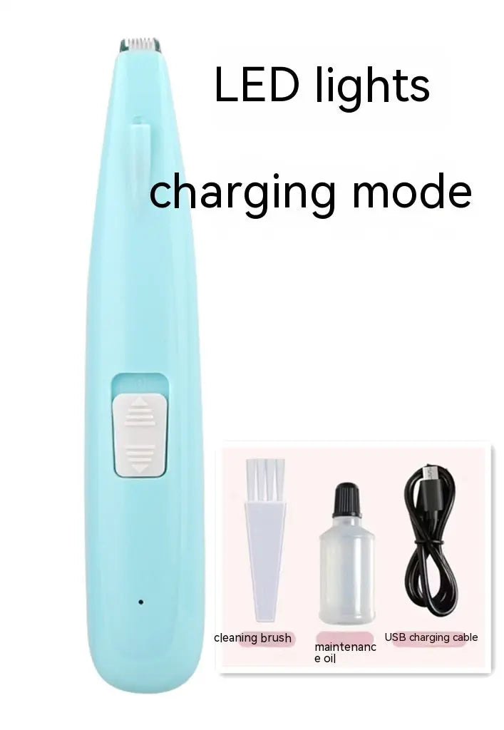 Electric pet hair clipper with charging mode and LED lights, includes cleaning brush, maintenance oil, and USB charging cable.