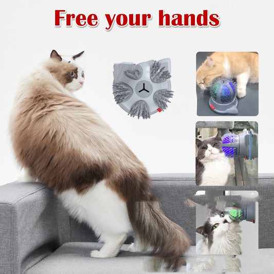 Electric pets cat brush with LED toy and massager attached to a sofa for feline play and grooming.