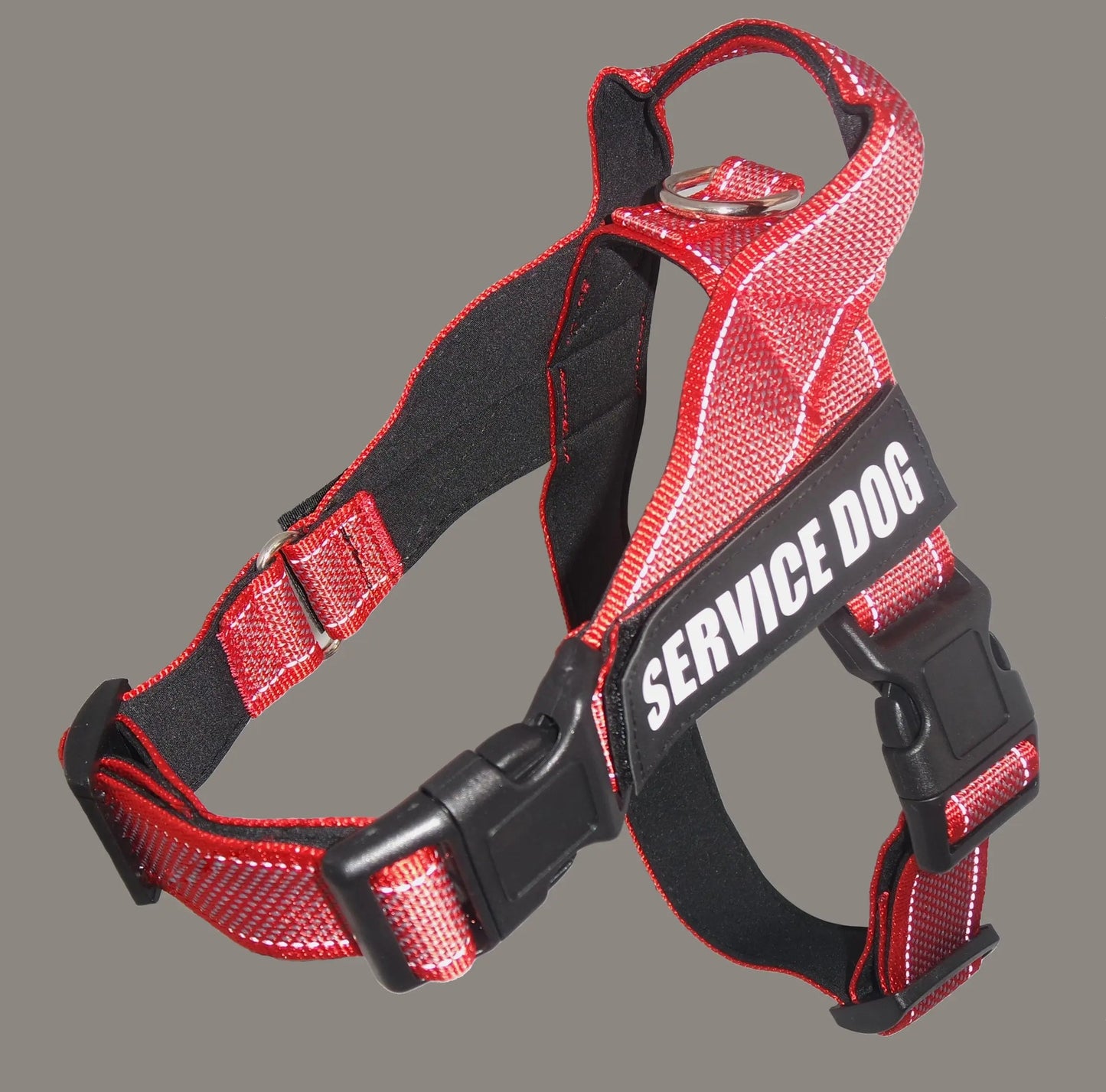 Service dog personalized pet harness in red and black.