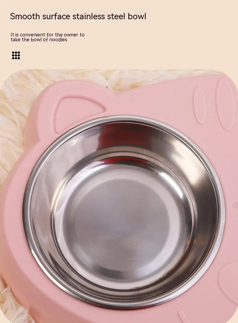 Stainless steel cat bowl with pink cat face design.