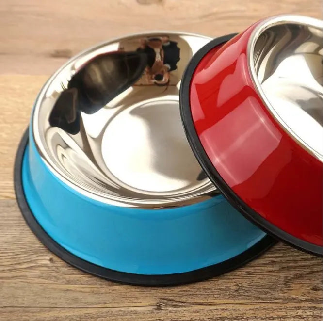 Stainless steel pet feeding basin with colorful melamine exterior and non-slip rubber base.