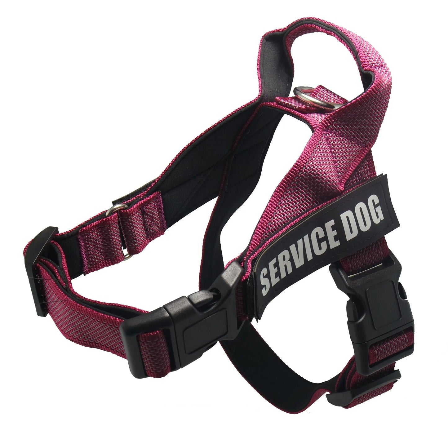 Red personalized pet harness with "Service Dog" label.