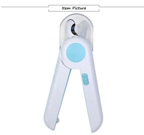 LED Pet Nail Clipper in blue color with stainless steel blade.