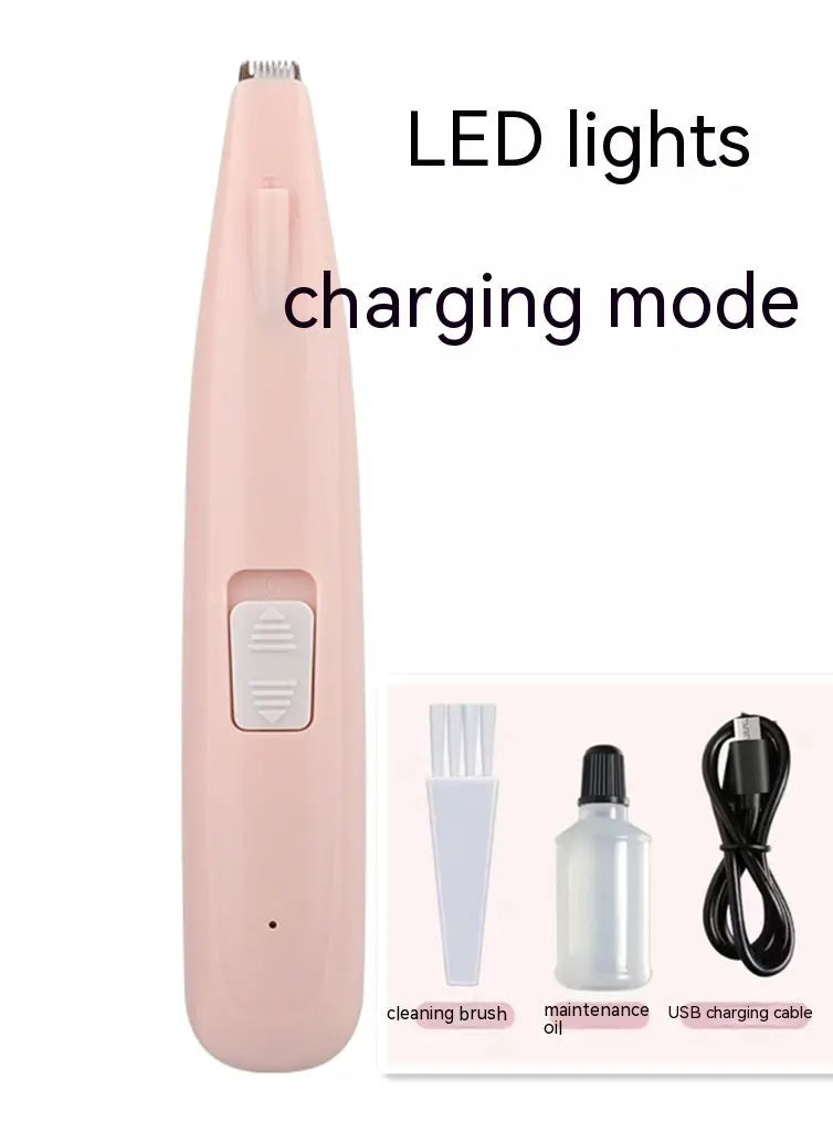 Electric pet hair clipper with LED lights, charging mode, and accessories including a cleaning brush, maintenance oil, and USB charging cable.