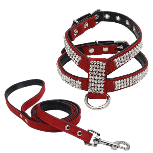 Shiny Rhinestone pet chest harness and dog leash in red with rhinestone detailing.