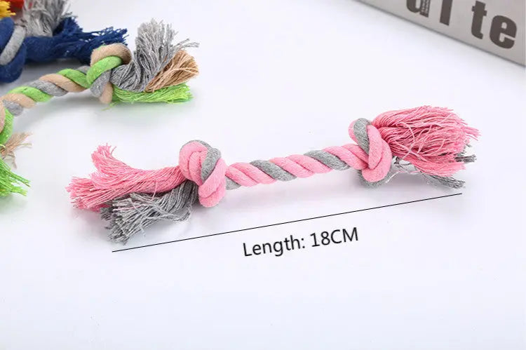 Pink and grey cotton rope pet toy, 18cm long, for dogs.