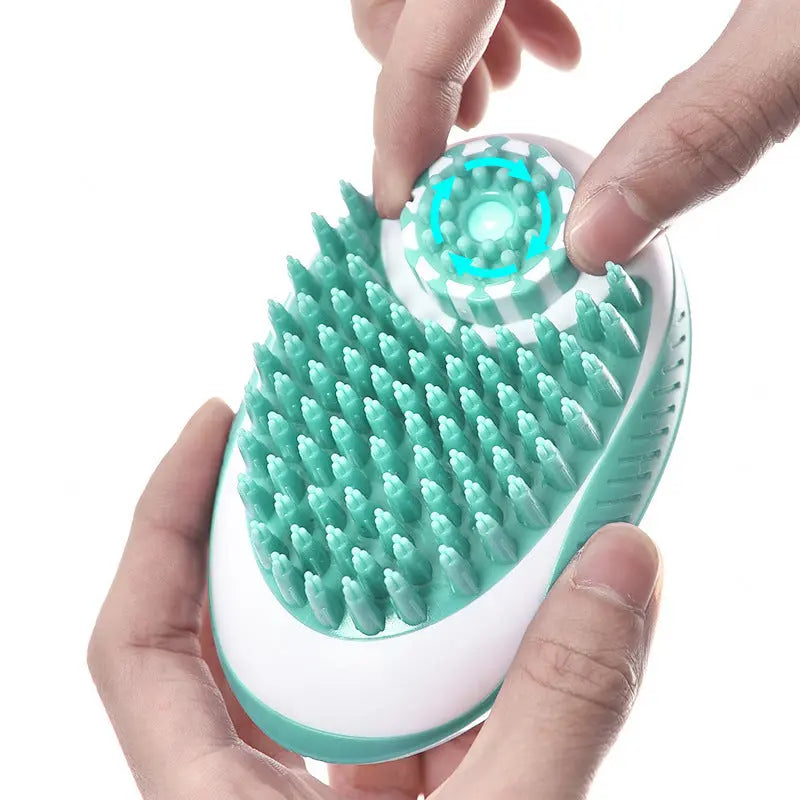 Pet bath brush for dogs and cats, ergonomic design, silicone bristles.