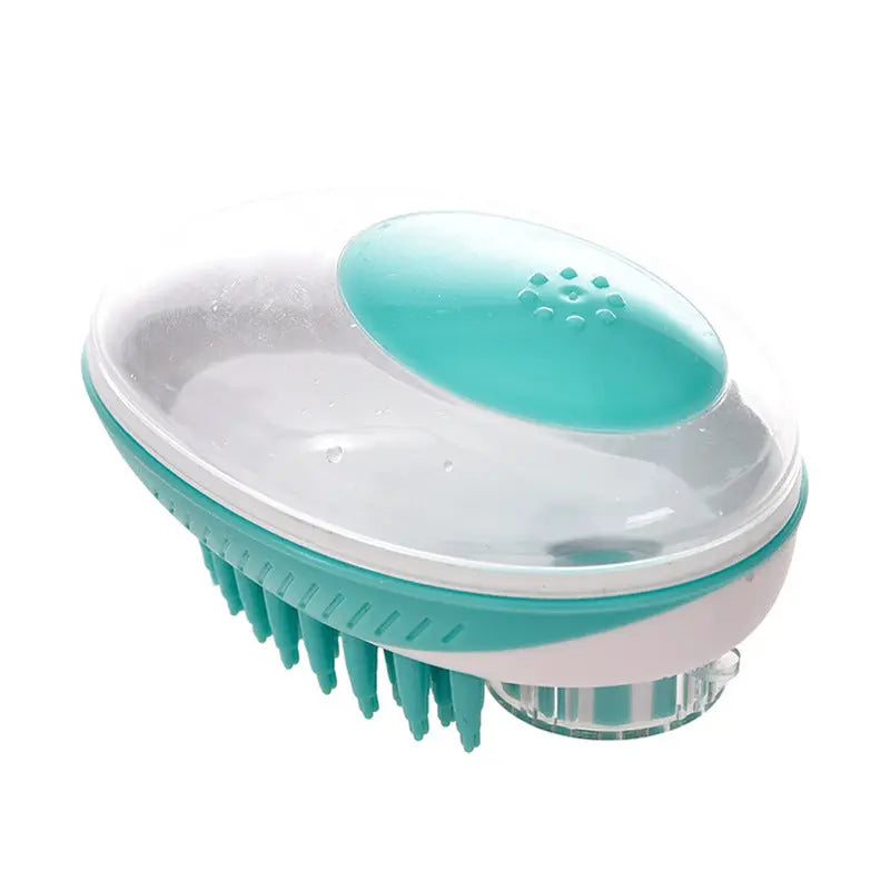 Pet bath brush with soft silicone bristles for hair removal and massage.