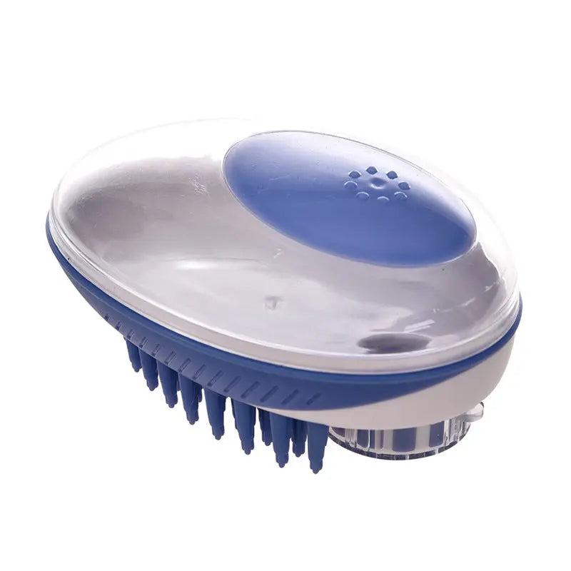 Pet bath brush with ergonomic design and silicone bristles for massage and hair removal.