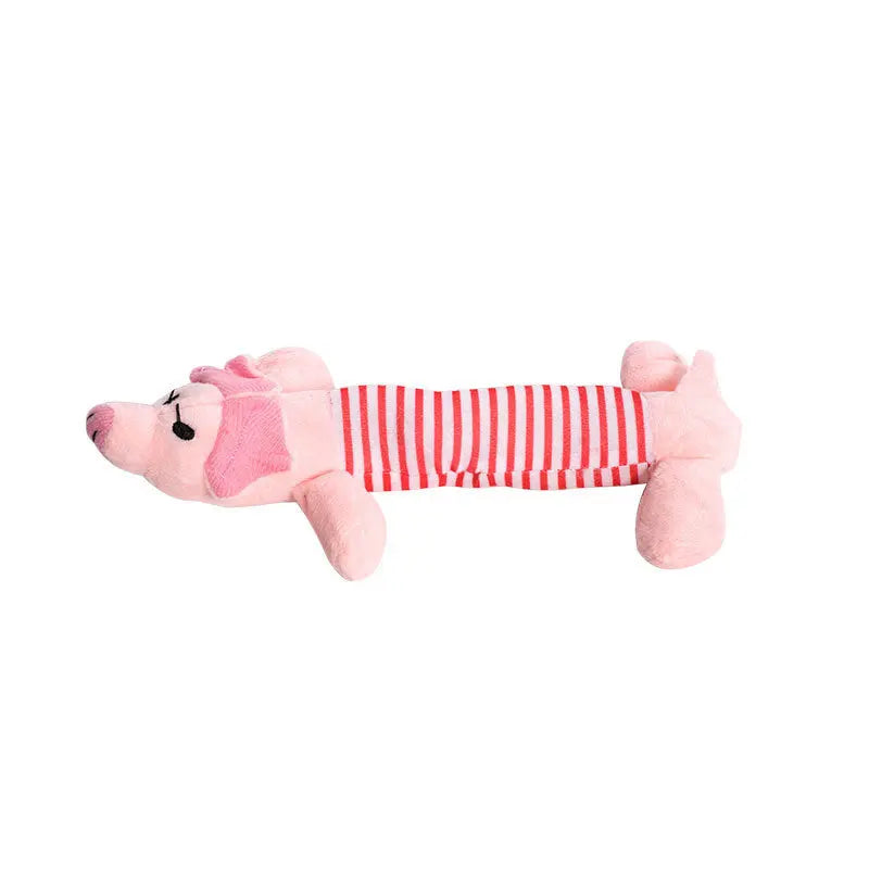 Pink plush vocal dog toy shaped like an animal with striped body.