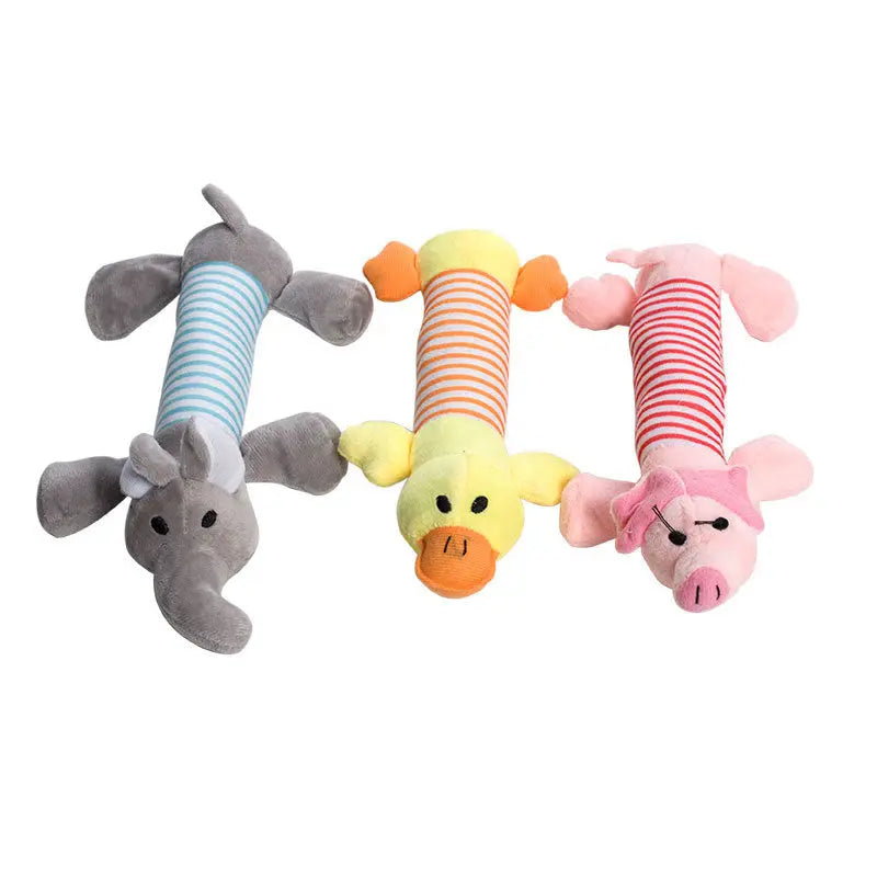 Plush vocal dog toy set with elephant, duck, and pig designs.