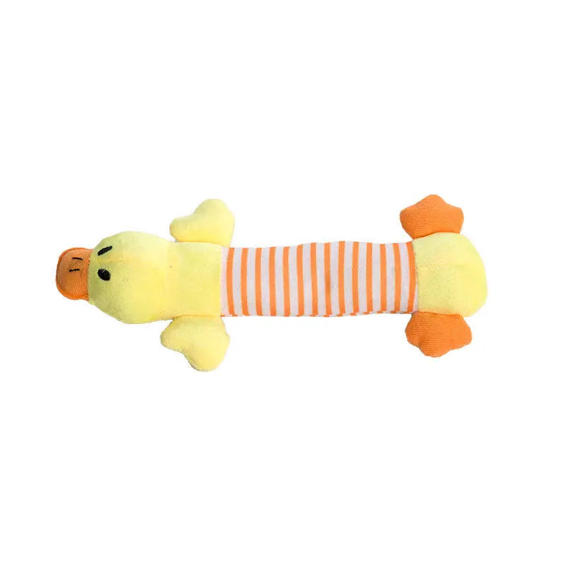 Plush vocal dog toy shaped like a yellow duck with orange stripes.