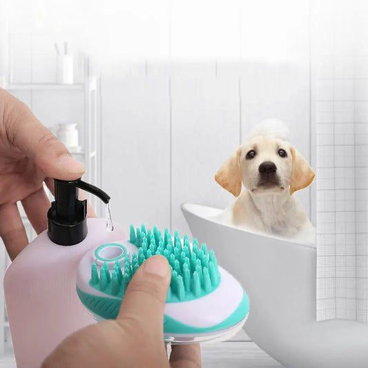 Pet bath brush for massaging and hair removal with ergonomic design for comfort.