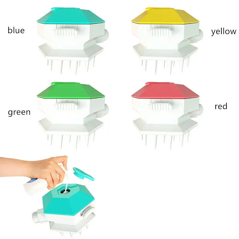 Pet shower brush nozzle in blue, green, yellow, and red for dog and cat grooming.