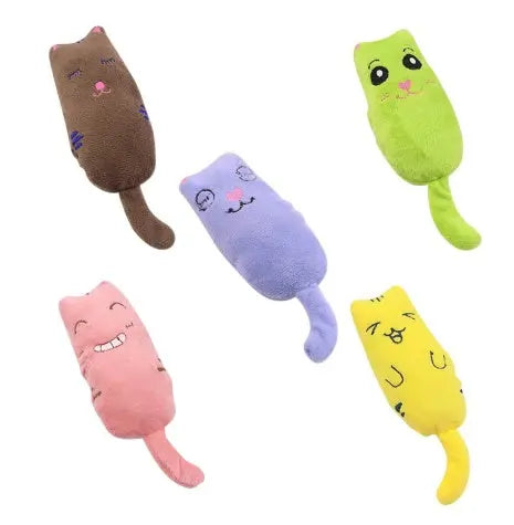 Cute plush catnip toys for cats in various colors including brown, green, purple, pink, and yellow.