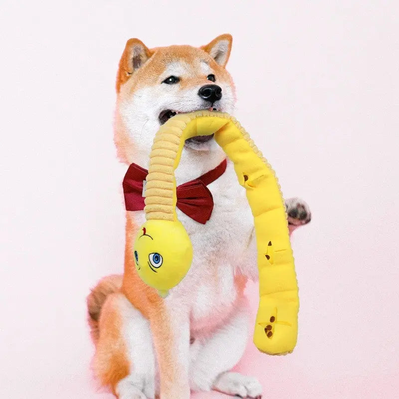 Dog playing with yellow snake-shaped pet sounding toy.