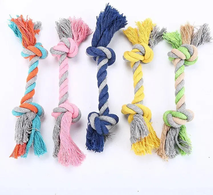 Colorful cotton rope pet toys in various sizes and colors, ideal for pets to chew and play.