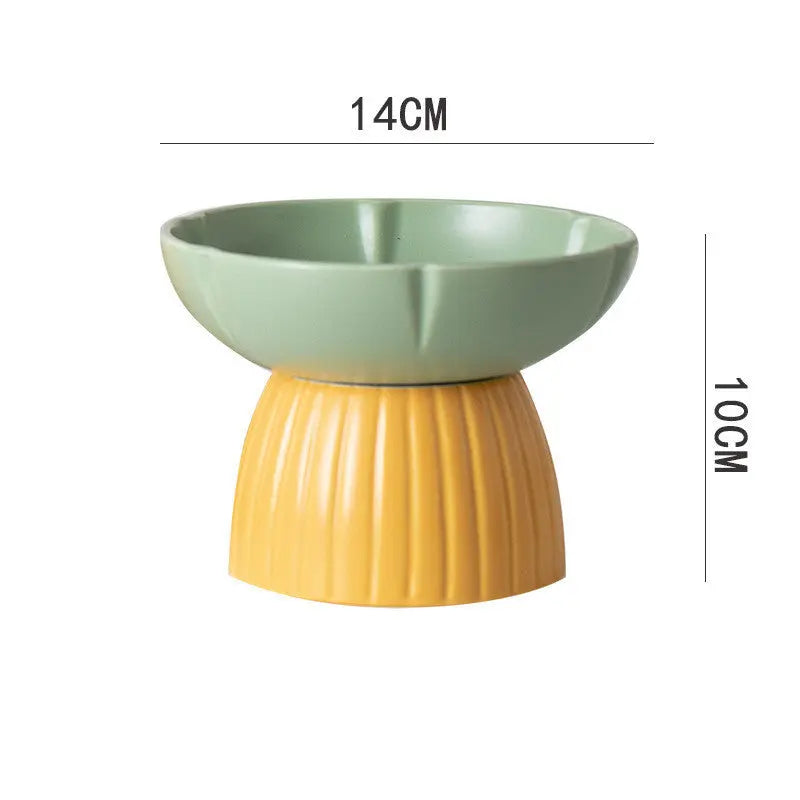 Green and yellow pet feeding ceramic bowl for cats, 14cm x 10cm, candy color design.