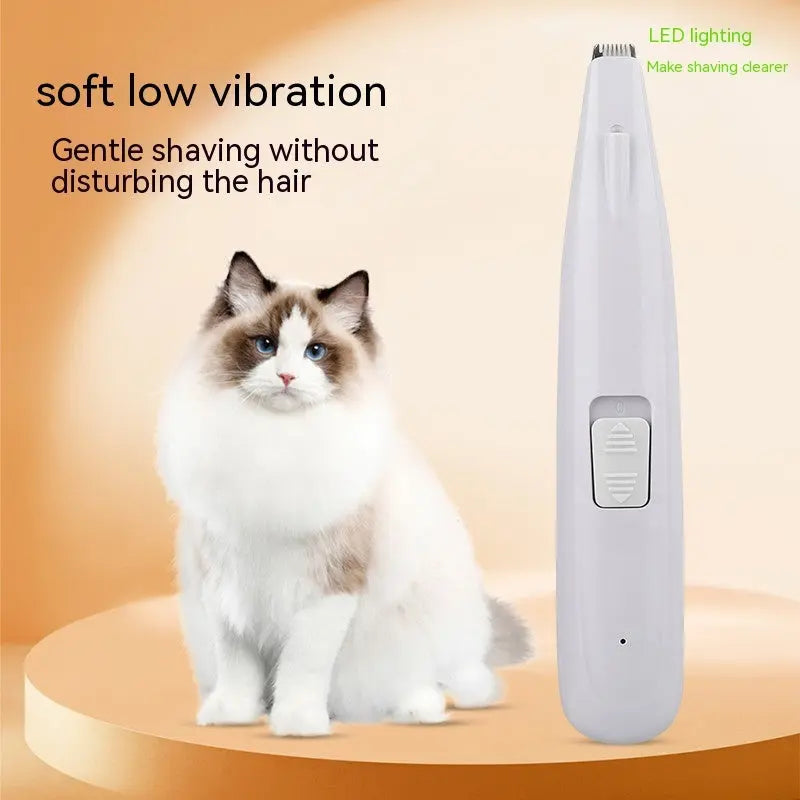 Electric pet hair clipper with LED lighting, designed for cats and dogs, featuring soft low vibration for gentle shaving.