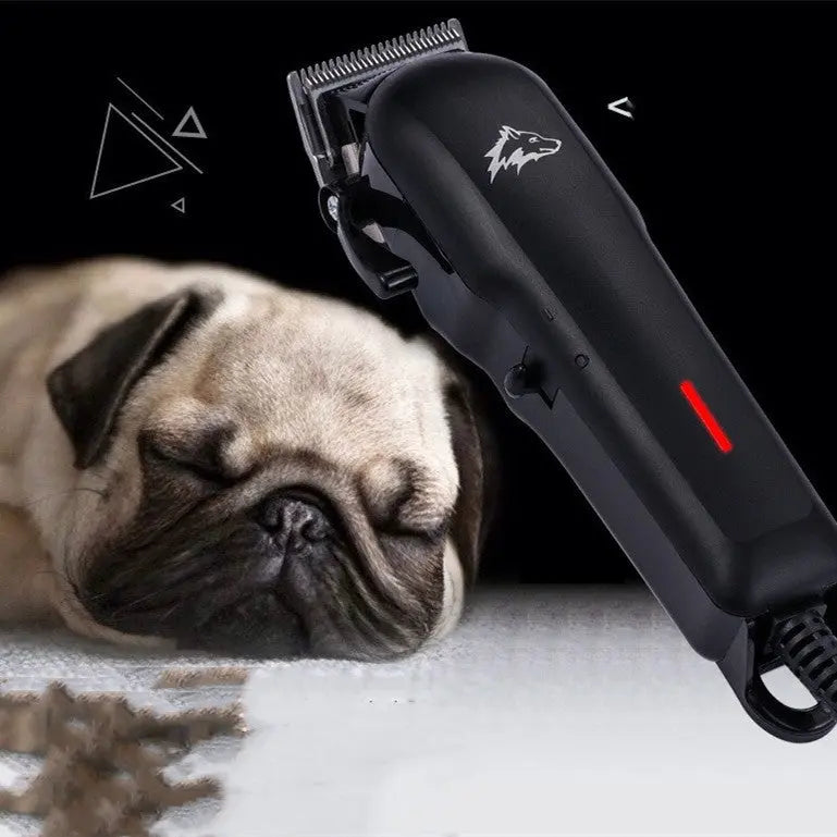 Electric pet shaver for dogs with precision steel blade and accessories.