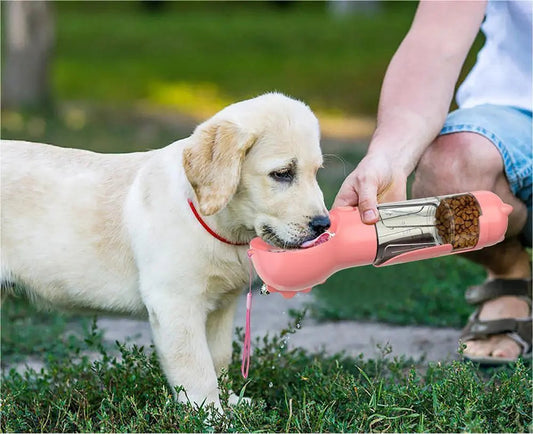 Portable pet water bottle feeder for easy outdoor hydration and convenience.