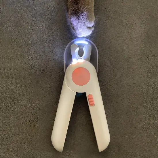 LED pet nail clipper illuminating a pet's paw during trimming.