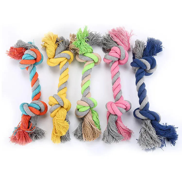 Colorful cotton rope pet knot toys in assorted sizes and colors.