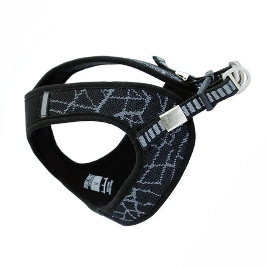 Pet puppy harness made of flying woven and diving fabric in black.