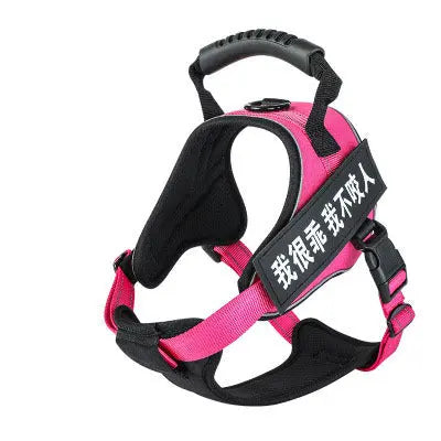 Pink and black pet harness with adjustable straps and a handle.