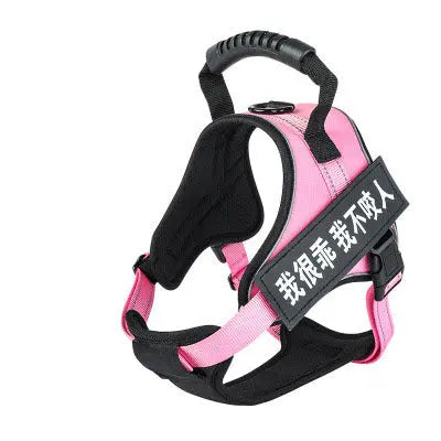 Pink pet harness with adjustable chest strap and text detail.