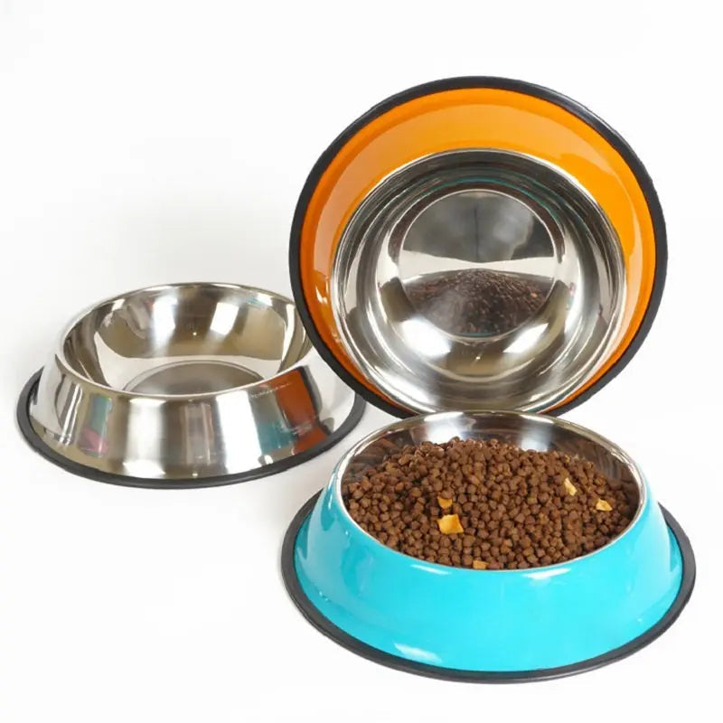 Stainless steel and melamine pet feeding basin with dual-use design for food and water, available in vibrant colors.