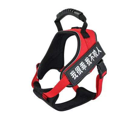 Red and black pet harness with adjustable straps and handle.