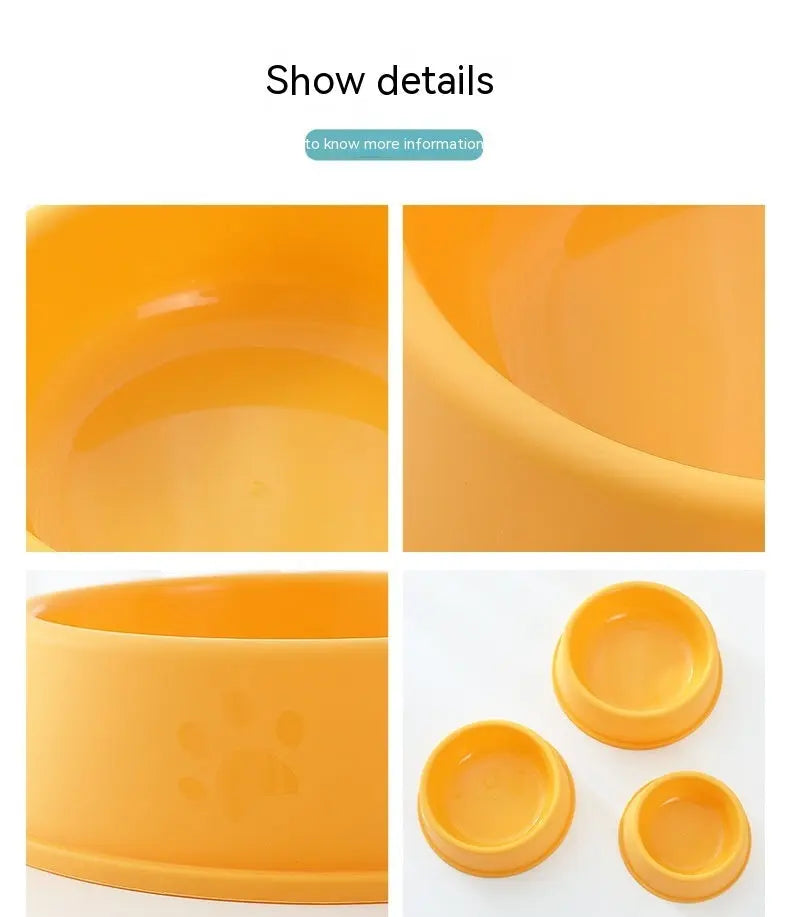 Plastic pet bowls in various sizes, featuring frosted paw print design, shown in orange color.