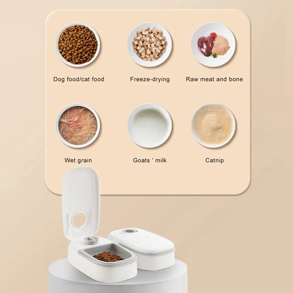 Automatic pet feeder with food variety options for cats and dogs.