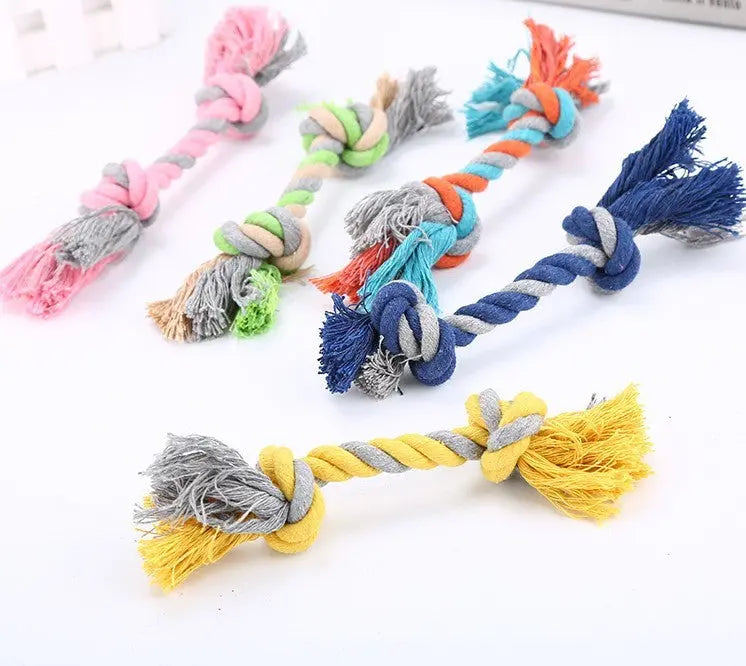 Colorful cotton rope pet toys in various sizes for pets.