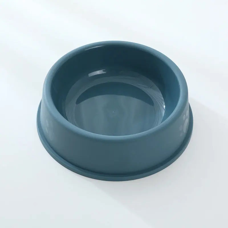 Plastic pet bowl with frosted finish and footprints design, blue color.