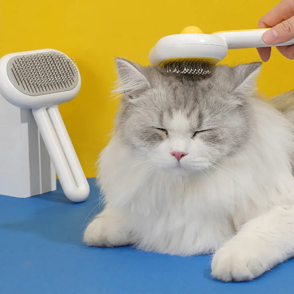 Cat being groomed with durable stainless steel cat brush, showcasing rubber massage needle design and one-click cleaning button.