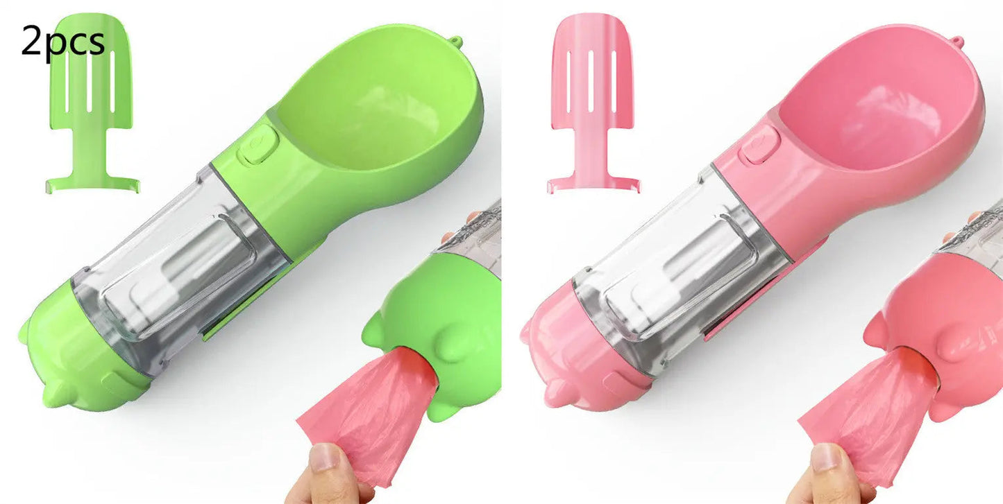 Portable pet water bottle feeder with garbage bag storage in green and pink.