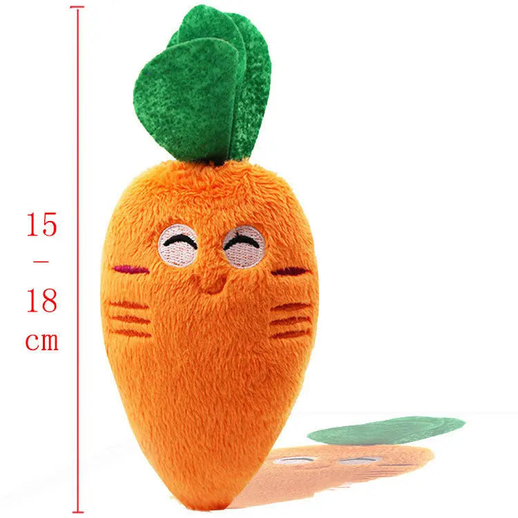 Cute plush carrot-shaped pet dog toy with squeaker, suitable for dogs and cats, size 46 x 11.5cm.